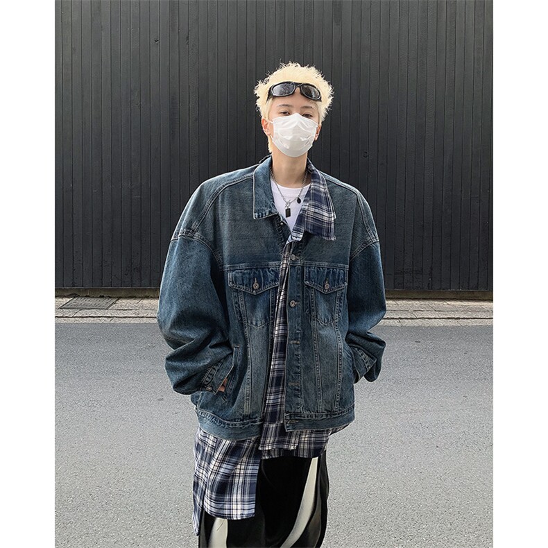 春秋韩系假两件牛仔夹克男士高街宽松水洗潮牌外套男时尚上衣小众,男装夹克,星座410-6（原星座1304-1）
