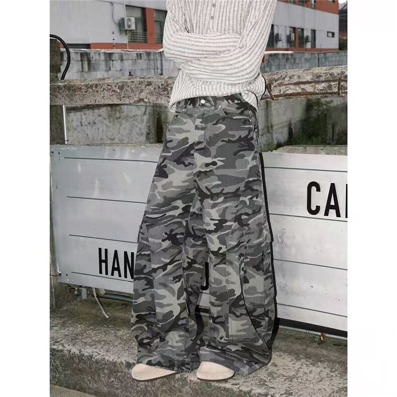 式复古弯刀迷彩工装裤男女潮牌街头宽松百搭休闲阔腿裤AMF393P56，男装牛仔裤，星座1013-5