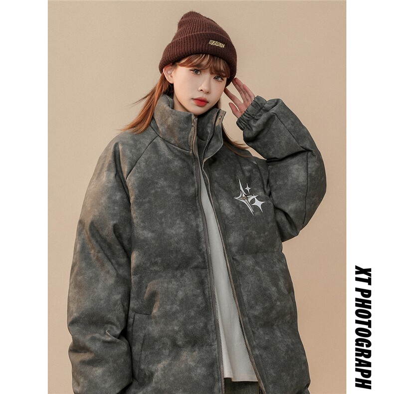 1PU皮复古做旧可拆卸四芒星胸针大码M-5XL棉衣男MY77721P128控168，男装棉衣，星座226-2