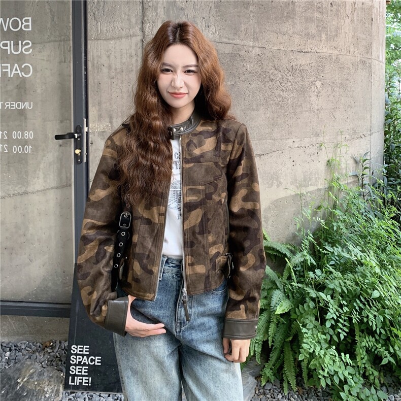 美式复古迷彩短款外套女2025年秋季新款小个子宽松休闲夹克上衣潮,女装短外套,1C130