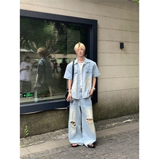 2025夏季新款小众做旧牛仔套装男一套cleanfit短袖衬衫牛仔直筒裤，男装衬衫，星座506A