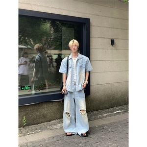 2025夏季新款小众做旧牛仔套装男一套cleanfit短袖衬衫牛仔直筒裤图片