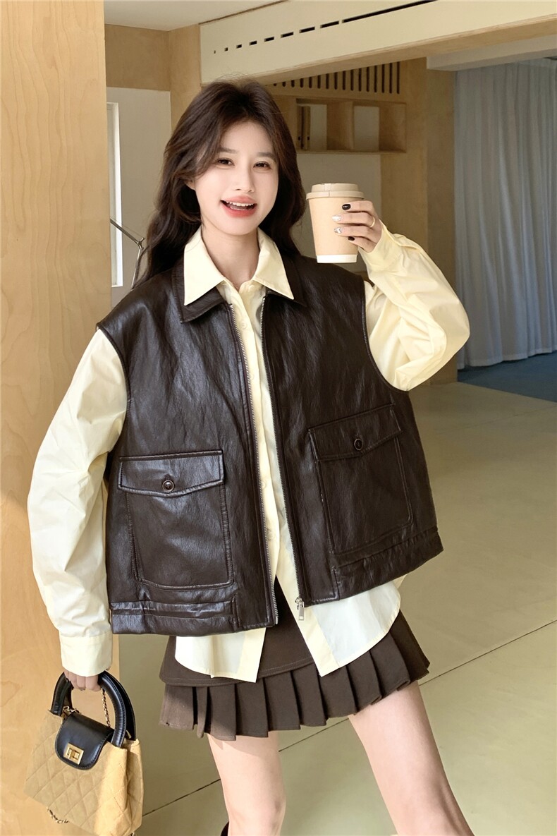 复古风咖色皮衣马甲衬衫套装女2026春新款减龄高级感小个子两件套,女装套装/套裙,艾米莉亚