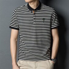 2023夏季条纹短袖T恤男薄款翻领绣花上衣男士休闲百搭时尚体恤衫图片