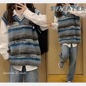789-P50 小众慵懒风复古撞色条纹无袖针织衫马甲男女春秋宽松图片