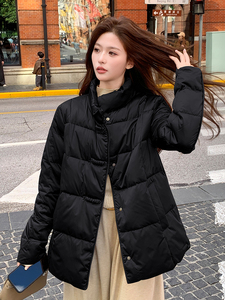 短款立领拼接袖简中式一手长加厚羽绒服女宽松保暖外套图片