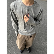 秋冬男极简老钱风亨利领长袖T恤美式通勤打底衫cleanfit单品上衣，男装T恤，星座516A