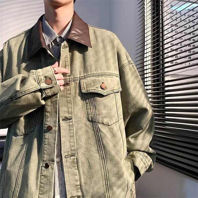 美式高街牛仔外套男韩版潮流拼皮帅气2023秋冬ins外套W5025-P67，男装大码男装，星座412-2