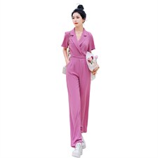 时尚气质紫色两件套装女夏季新款显瘦职业装短袖西服外套阔腿裤，女装套装/套裙，秋水欣儿
