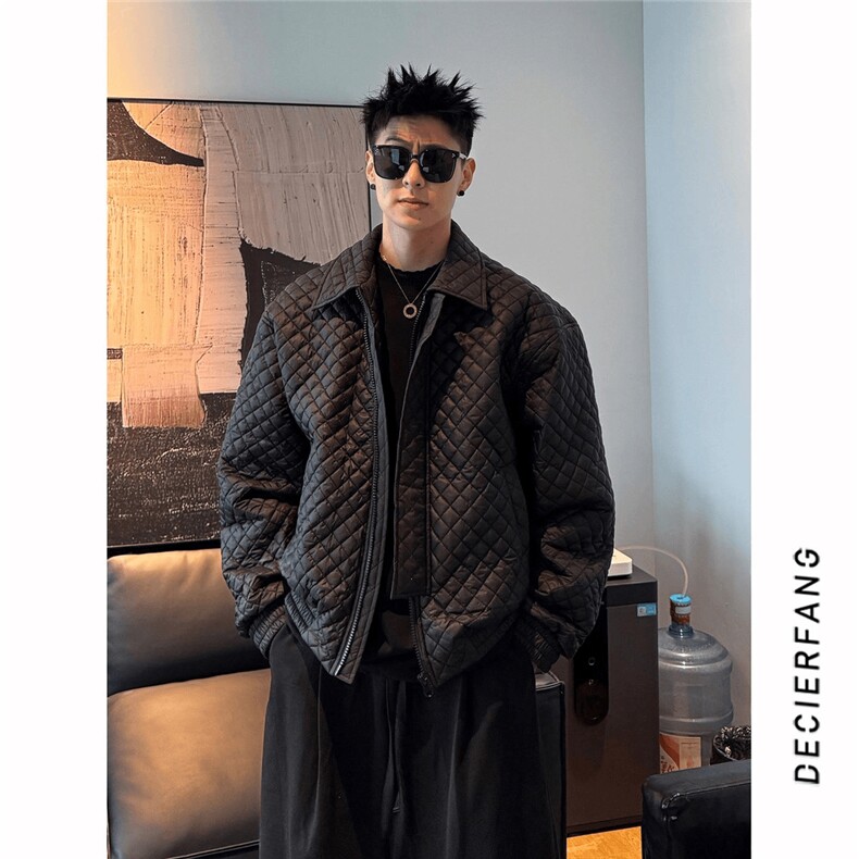 MY01-P85 冬季翻领保暖菱格棉衣男短款宽松棉服男装外套图片
