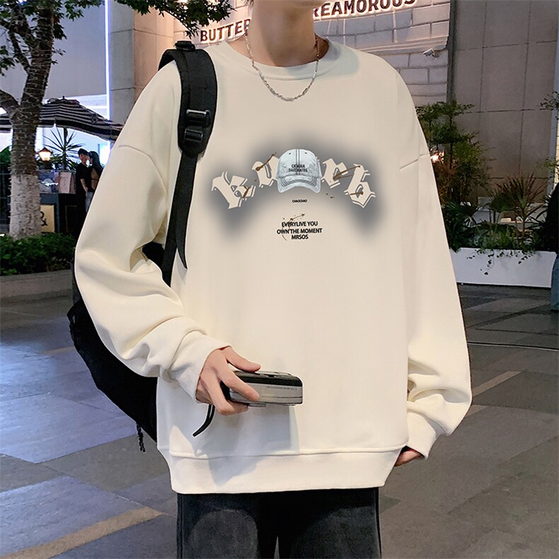 W572P35加绒P45港风套头宽松圆领春秋季卫衣男无帽外套长袖打底图片