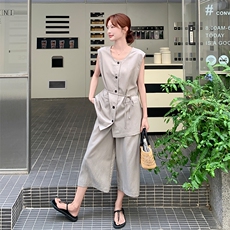 已出大货！系带圆领上衣+高腰7分阔腿裤套装6808-P135-K208，女装套装/套裙，2D034