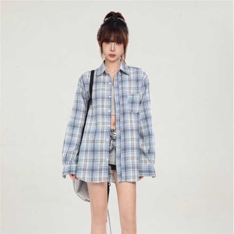 美式蓝色格子长袖衬衫外套女春秋季设计感宽松慵懒衬衣开衫上衣,男装衬衫,星座302B