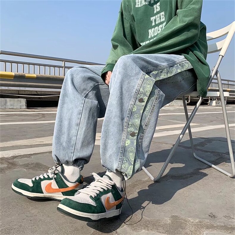 欧美vibe风裤子高街ins潮腰果花排扣牛仔裤小众hiphop裤K7002P44图片