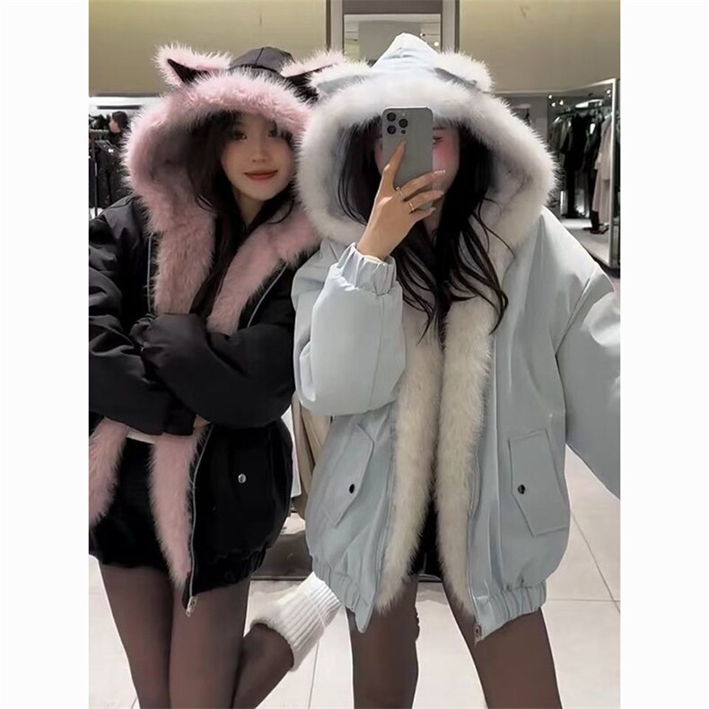 1506A/G36210/P99两面穿兔耳朵连帽粉色毛毛外套女保暖棉服图片
