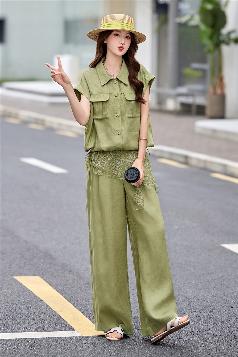现货轻熟风气质女2026夏季麻料薄款加蕾丝屁帘上衣阔腿裤两件套,商品下架区,伊仟回