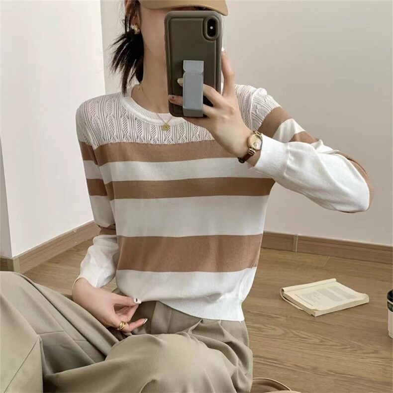 时尚百搭休闲条纹圆领针织衫优雅显瘦尽显女性魅力,针织衫/毛衣,暖姿羊绒