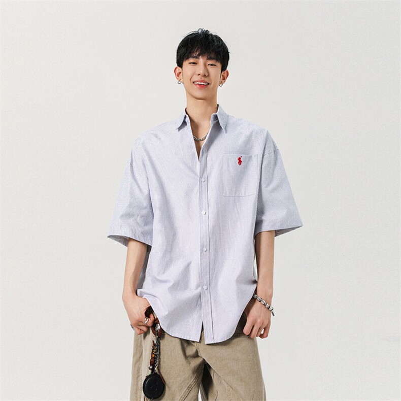 青少年刺绣条纹衬衫男款潮牌高级感短袖衬衣休闲翻领外套994P45,男装T恤,星座710