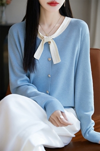 法式高级感小香风上衣蝴蝶结系带针织羊毛衫2025年春秋软糯打底衫图片