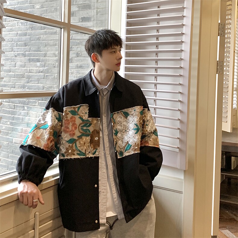 1港风休闲宽松刺绣外套男潮拼接翻领工装夹克男7568P85控118，男装夹克，星座226-2