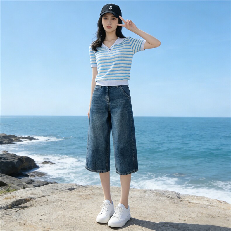 时尚简约套装女夏季新款洋气减龄蓝色翻领条纹上衣牛仔中裤两件套,女装套装/套裙,江南