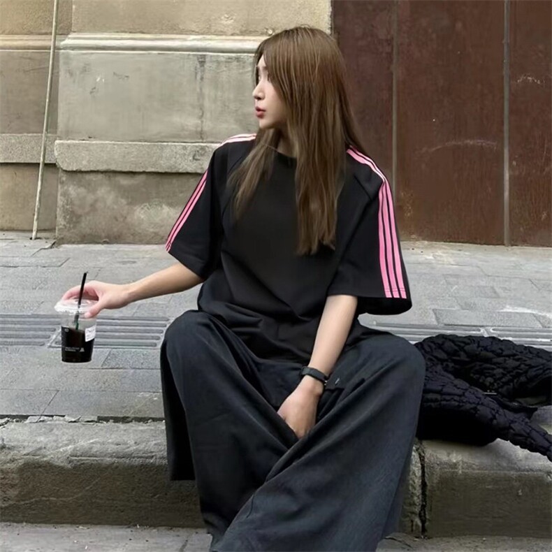 抖音得物品质二开240克宽松纯棉美式潮牌印花三条杠中性风短袖T恤,男装T恤,电商A486-1