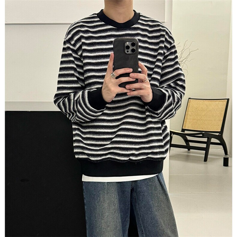 【有货】DA178-P55黑白条纹长袖t恤男春秋季圆领卫衣纯棉打底衫,男装卫衣,星座603-2