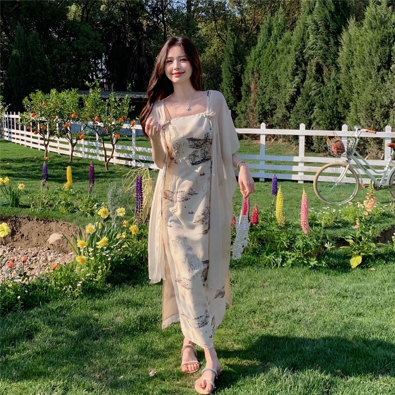 新款2025年夏季新中式风山水印花氛围感披肩气质连衣裙,女装连衣裙,浙宝220A