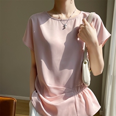 醋酸砍袖上衣夏季2025新款时髦时尚洋气女装一字领收腰短款体T恤，女装衬衫，素语电商供货