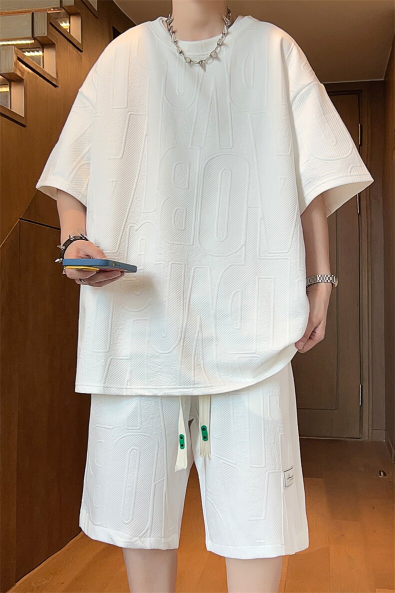 ！2025夏季新款男士字母提花短袖套装学生一套HTZ259特P45,男装T恤,电商B220