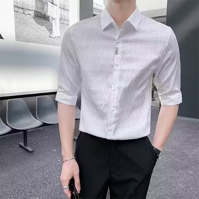 夏装冰丝设计感七分袖衬衫男装短袖寸衣服衬衣夏季薄款CY101,男装T恤,星座1116A-2（原606A-1）