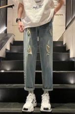 2024夏季美式高街新款弹力修身破洞牛仔裤，男装牛仔裤，电商A409-1