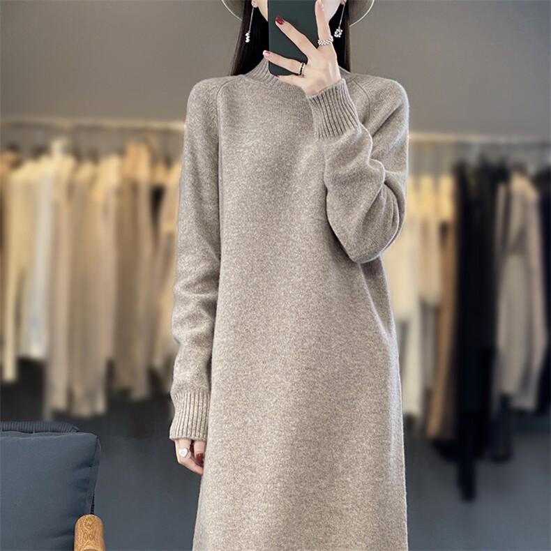 百搭女秋冬羊毛连衣裙简约休闲显瘦长袖针织裙舒适保暖高领毛衣裙,女装连衣裙,暖思雅