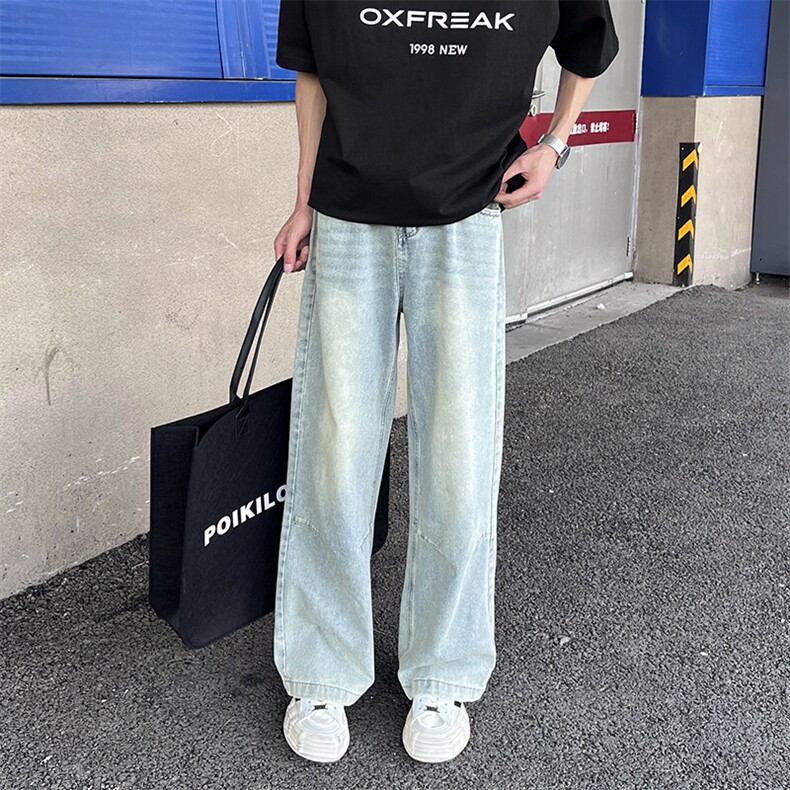 GENIOLAMODE水洗阔腿牛仔裤男秋季新款美式高街ins宽松直筒vibe裤,男装牛仔裤,星座902A