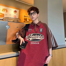 C511P42街头设计Polo领短袖T恤男美式复古撞色条纹嘻哈情侣上衣，男装T恤，星座512-6