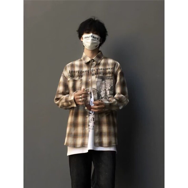 潮牌嘻哈hiphop格子衬衫男ins美式复古漫画长袖上衣宽松衬衣外套,男装衬衫,星座506A