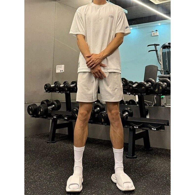 白色健身运动短裤男夏季速干抽绳松紧腰五分裤美式休闲过膝中裤子,男装牛仔裤,星座617A-1（原B318A）