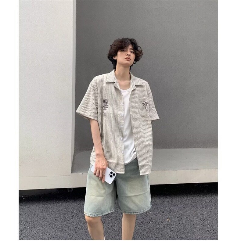 法式条纹短袖衬衫男夏季新款潮流宽松衬衣青少年高街翻领上衣外套,男装衬衫,星座506A