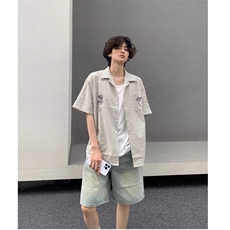 法式条纹短袖衬衫男夏季新款潮流宽松衬衣青少年高街翻领上衣外套，男装衬衫，星座506A