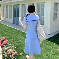 蓝色学院风海军领连衣裙女2025夏季新款法式小个子洋气减龄A字裙，女装连衣裙，2C285