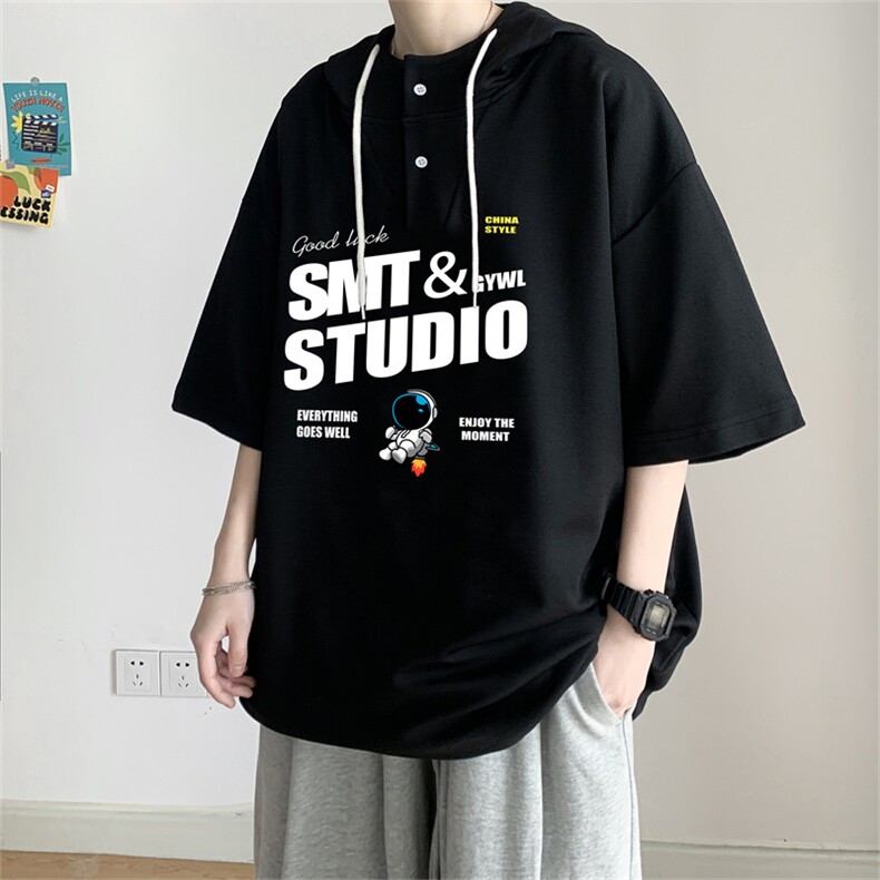 夏季港风冰丝宽松连帽短袖t恤五分体恤上衣TLM21125-P40控58,男装T恤,电商B370