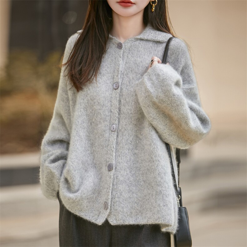 2025年秋季常规单件长袖polo领时尚百搭通勤简约休闲外套，女装羊毛衫，昭美羊绒