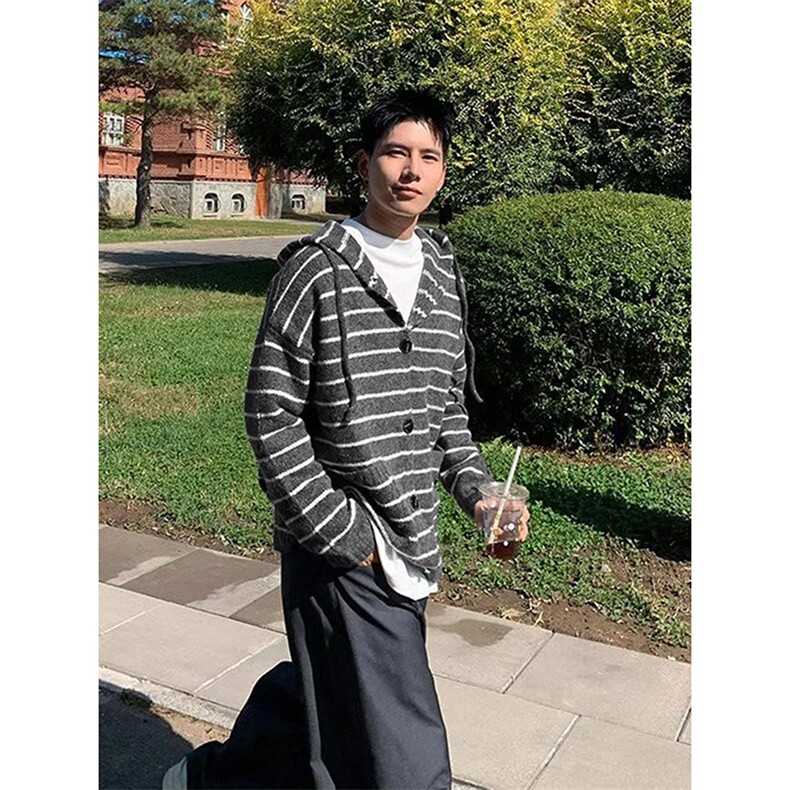 网图A2373P60-重磅条纹连帽抽绳针织开衫男冬季美式复古毛衣外套,男装针织衫/毛衣,电商B241