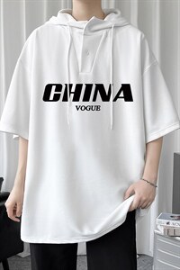 LD54001-P45 连帽短袖t恤男大码胖子带帽五分袖中袖图片