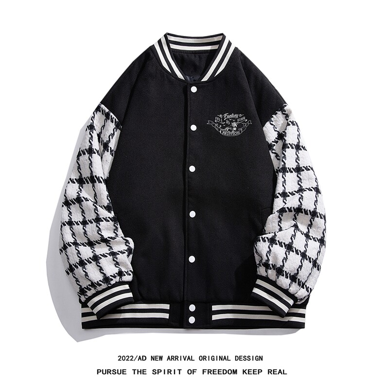 白底秋冬22新款美式复古棋盘格简约印花拼接夹克外套G703P85K108,男装夹克,电商A247-1