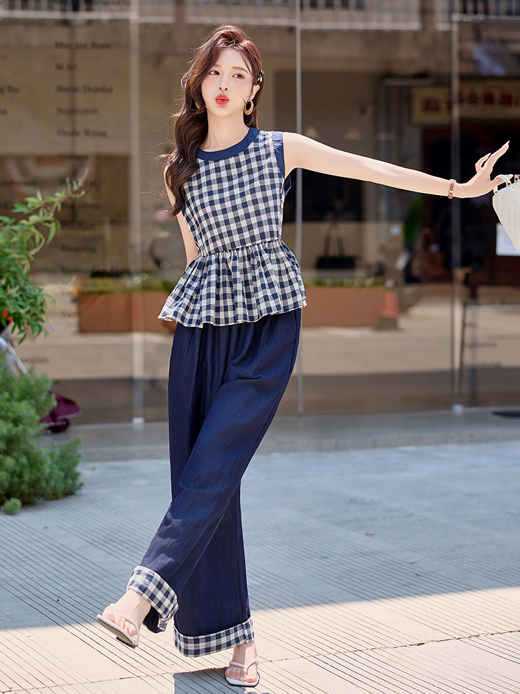韩系减龄松弛感套装女2025夏季新款格纹无袖背心上衣阔腿裤两件套,女装套装/套裙,水衣源