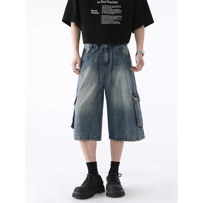 水洗工装牛仔短裤男款夏季美式街头宽松做旧阔腿七分裤ZA2107-P49，男装牛仔裤，星座208-5