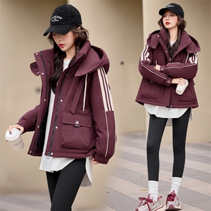 休闲时尚撞色工装派克羽绒服女2024冬新款加厚连帽保暖白鸭绒外套图片