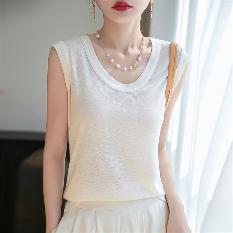夏季新款U领款吊带女宽松百搭无袖背心T恤针织衫外搭上衣休闲显瘦，女装背心吊带，羊特美羊绒