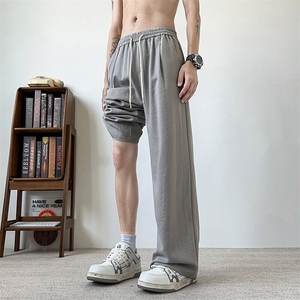 冰丝阔腿裤男生夏季薄款男士运动速干宽松直筒休闲长裤子,蓝色条纹超长款毛衣怎么搭配图片